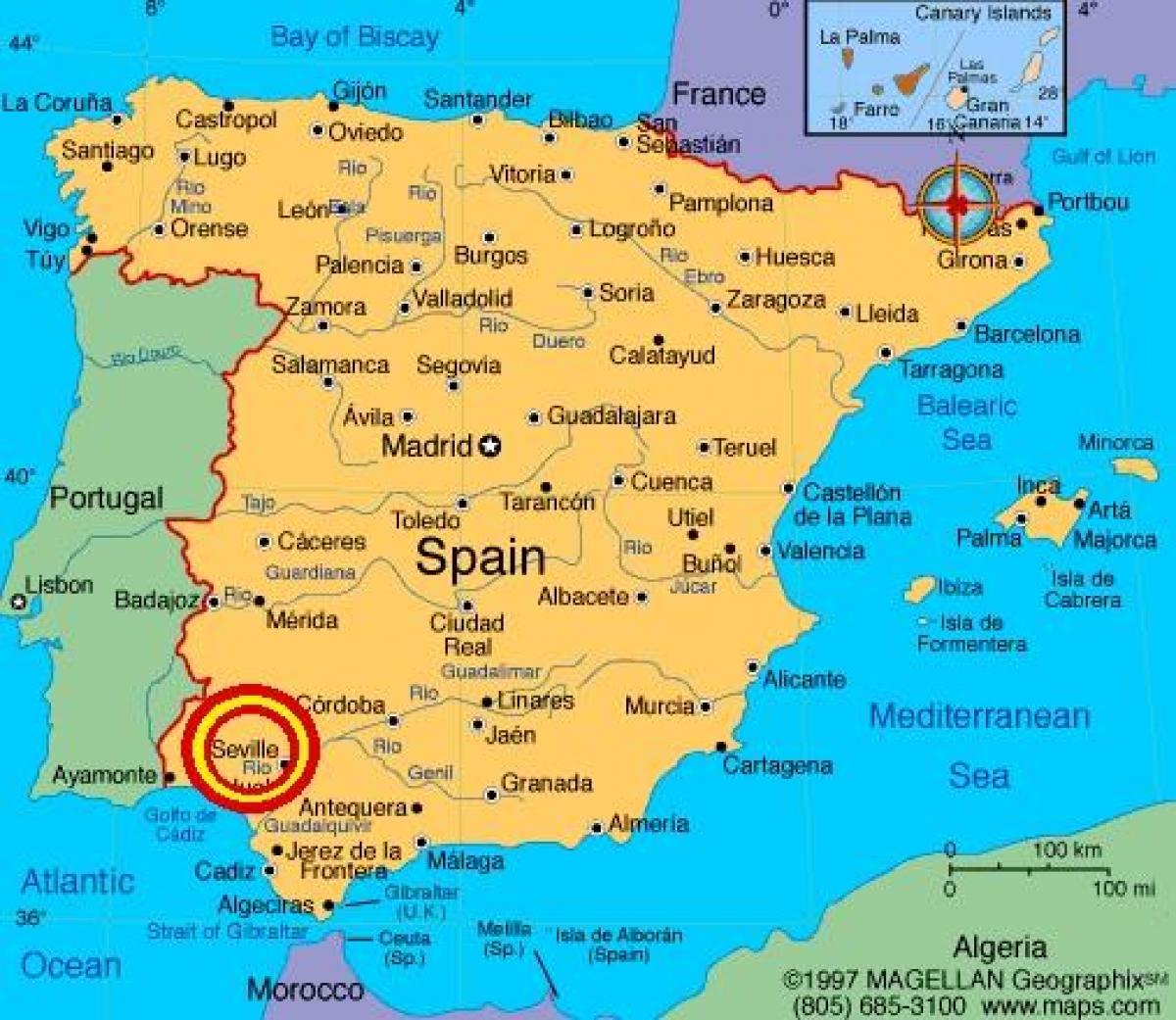 Sevilla, ispanija žemėlapyje