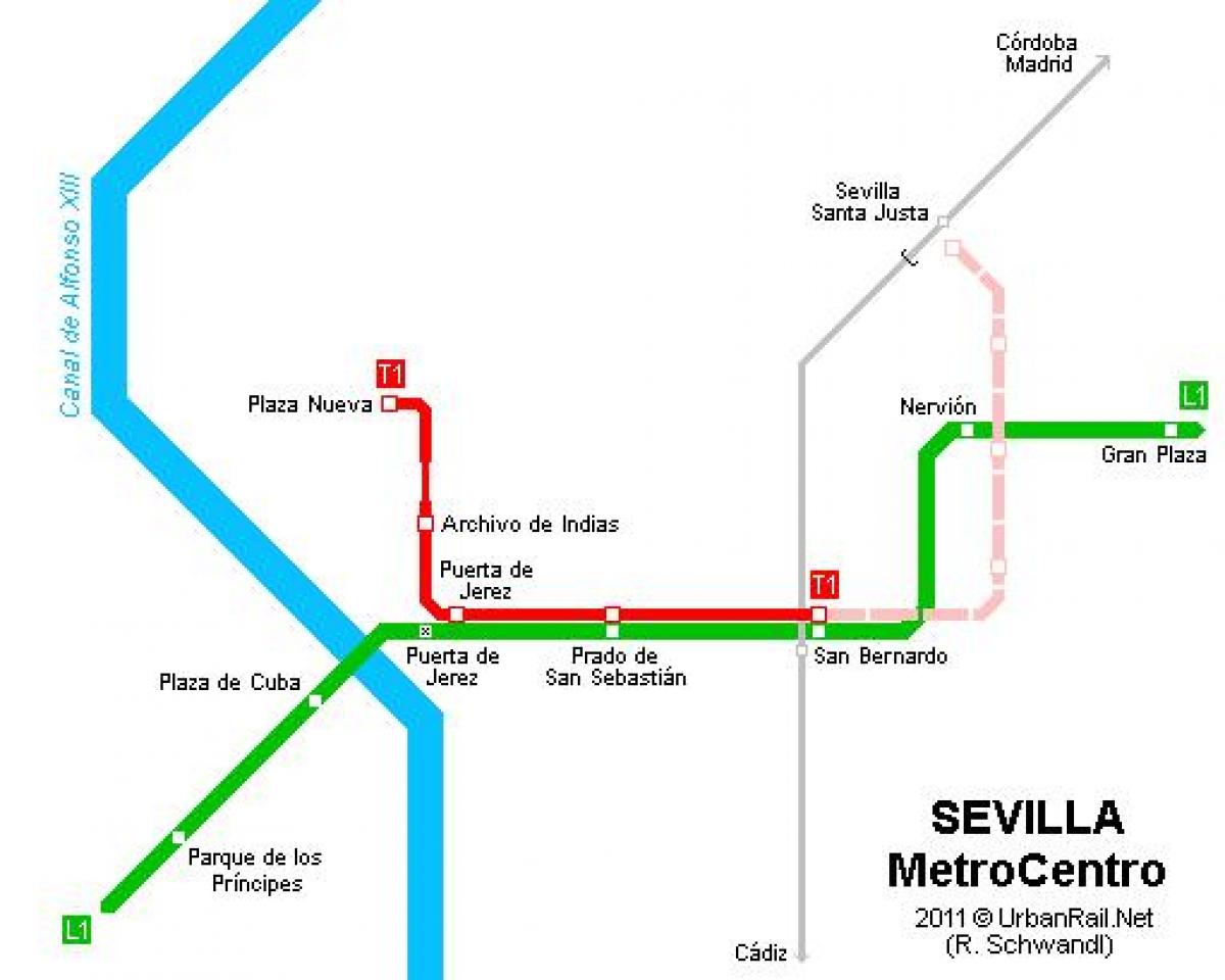 žemėlapis Sevilijos tramvajų