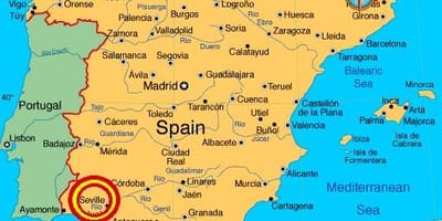 Sevilla, ispanija žemėlapyje